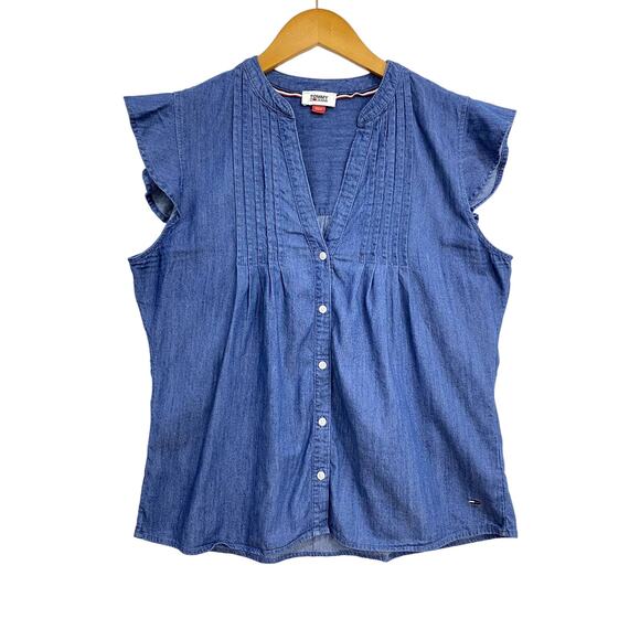 Tommy Hilfiger Denim Top Womens Medium Blue Button Up V-Neck Pin Tuck Sleeveless - Picture 1 of 9